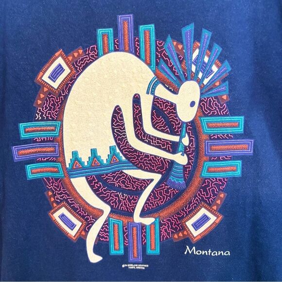 Vintage 1994 Single Stitch Navy Graphic T-Shirt Kokopelli Flute Montana - Picture 3 of 8